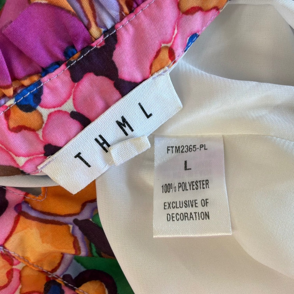 THML Floral Tiered Mini Dress L Multi Color Floral Puff Sleeve Statement - Picture 7 of 8